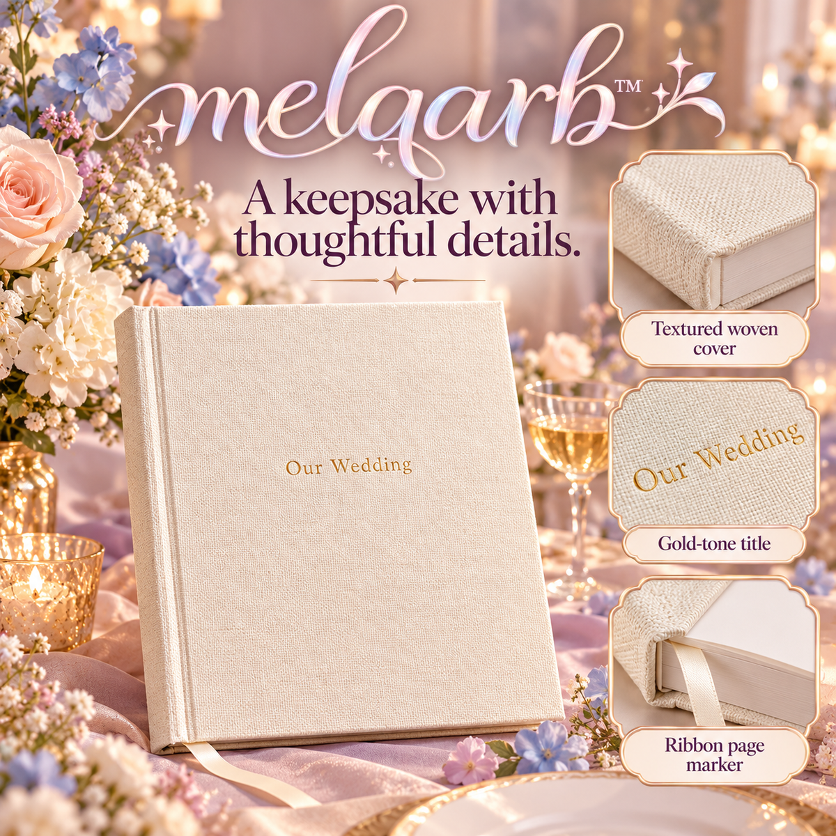 melqarb™ WovenStory Wedding Guest Book, 8 x 10 in., Fabric Hardcover, 100 Blank Pages for Reception Messages & Photo Memories