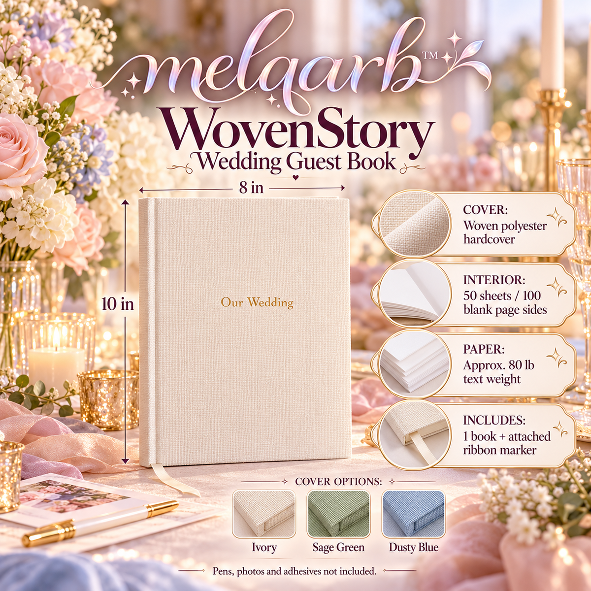melqarb™ WovenStory Wedding Guest Book, 8 x 10 in., Fabric Hardcover, 100 Blank Pages for Reception Messages & Photo Memories