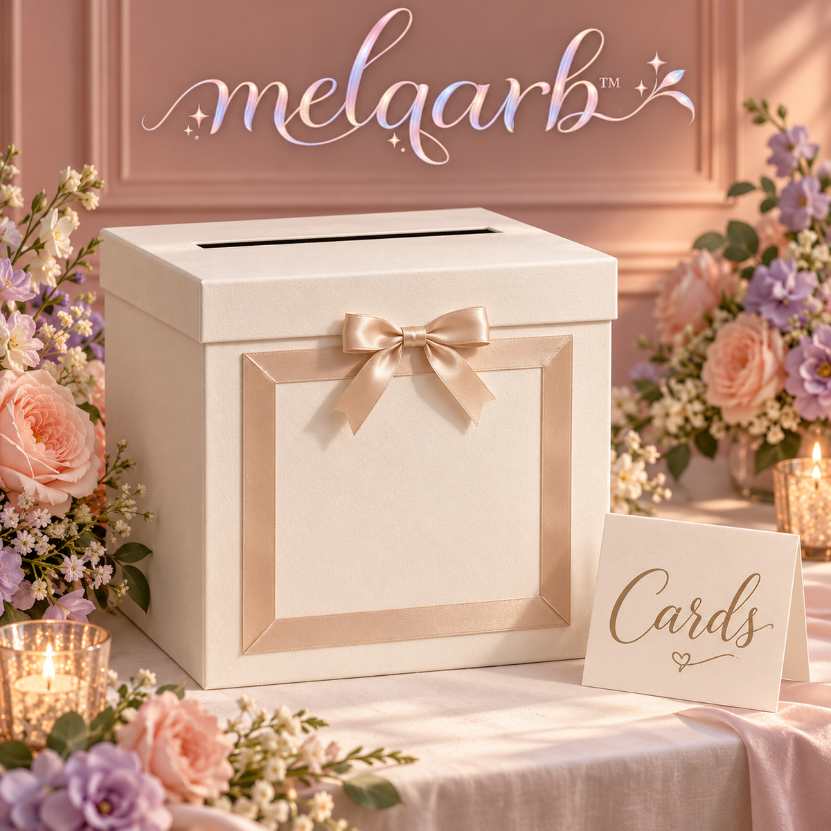 melqarb™ RibbonFrame Wedding Card Box, 10 x 10 x 10 in., Foldable Reception Envelope Holder with Removable Lid & Cards Sign
