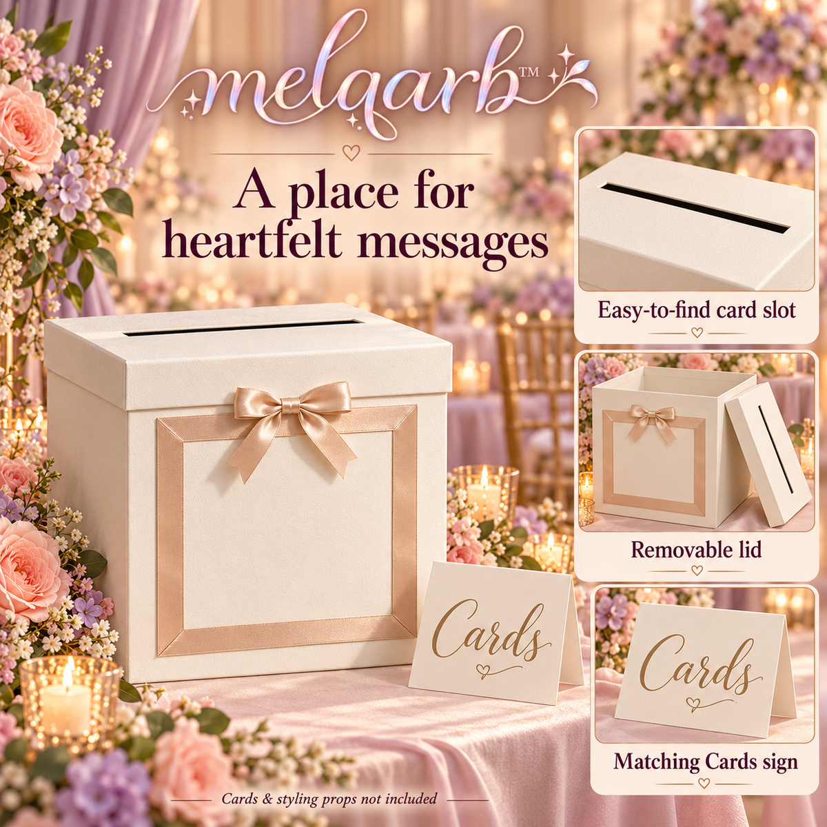 melqarb™ RibbonFrame Wedding Card Box, 10 x 10 x 10 in., Foldable Reception Envelope Holder with Removable Lid & Cards Sign
