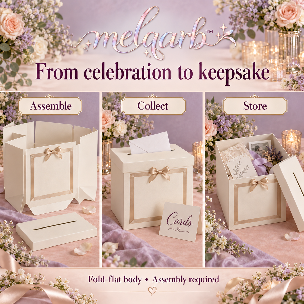 melqarb™ RibbonFrame Wedding Card Box, 10 x 10 x 10 in., Foldable Reception Envelope Holder with Removable Lid & Cards Sign