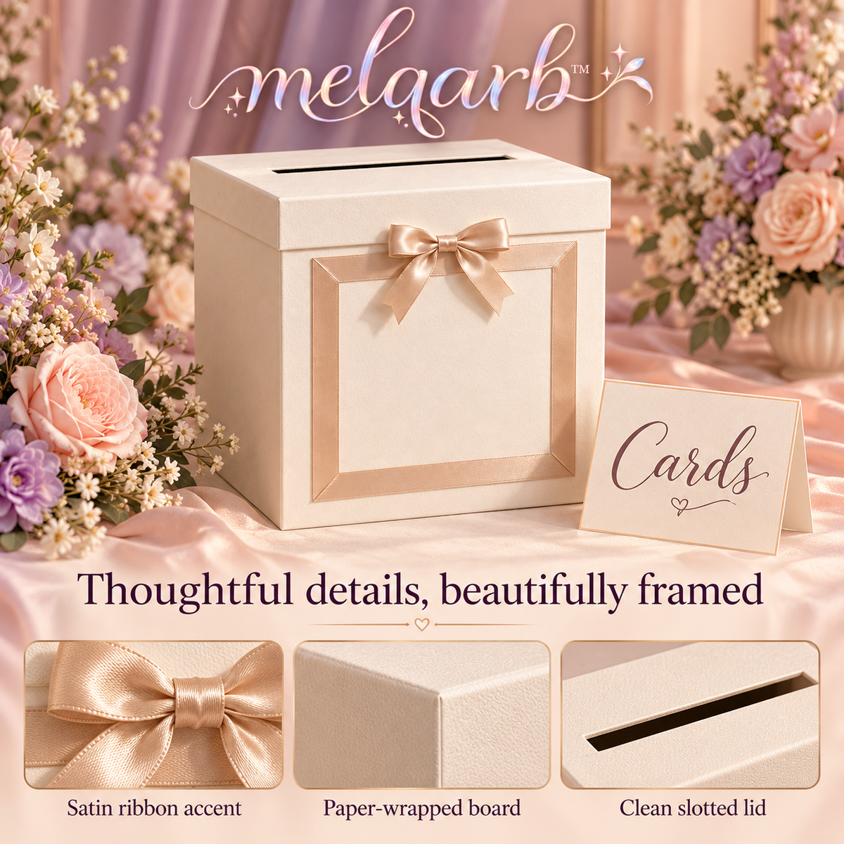 melqarb™ RibbonFrame Wedding Card Box, 10 x 10 x 10 in., Foldable Reception Envelope Holder with Removable Lid & Cards Sign