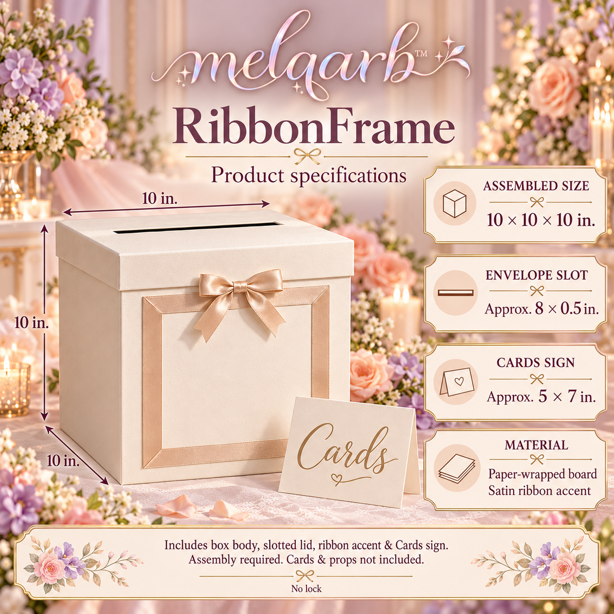 melqarb™ RibbonFrame Wedding Card Box, 10 x 10 x 10 in., Foldable Reception Envelope Holder with Removable Lid & Cards Sign