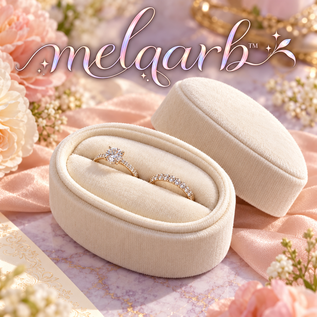 melqarb™ OvalNest Velvet Wedding Ring Box, Double-Slot Ring Holder, Removable Lid, Ceremony & Detail Photo Keepsake