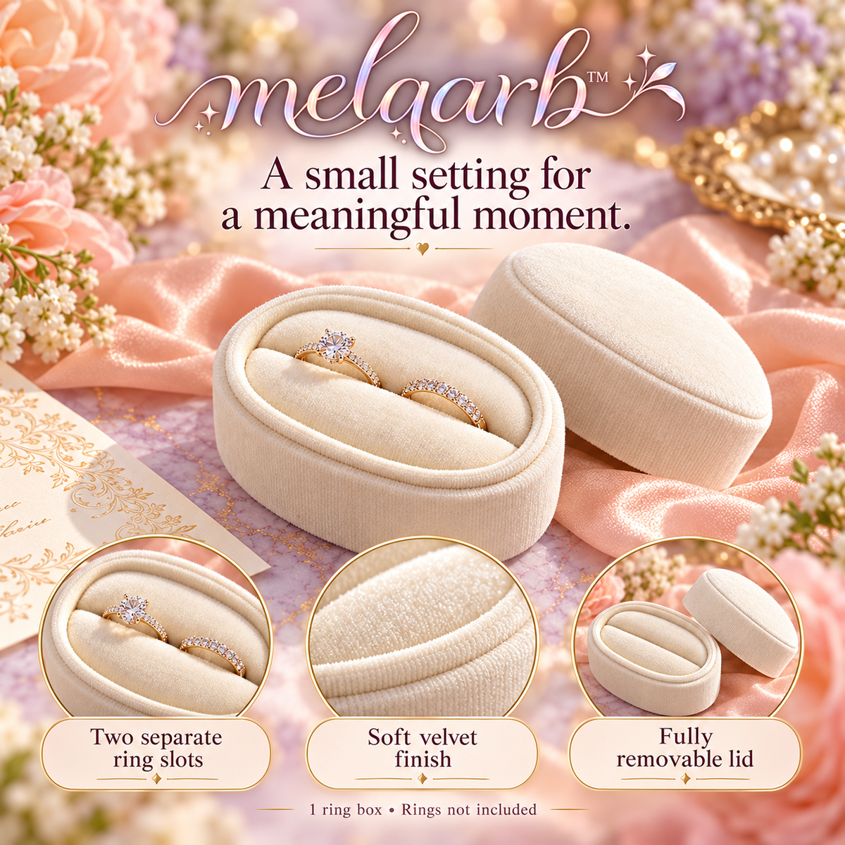 melqarb™ OvalNest Velvet Wedding Ring Box, Double-Slot Ring Holder, Removable Lid, Ceremony & Detail Photo Keepsake