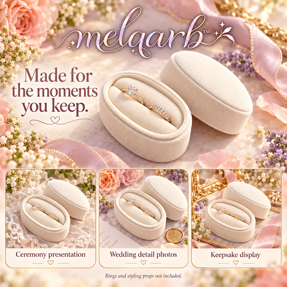 melqarb™ OvalNest Velvet Wedding Ring Box, Double-Slot Ring Holder, Removable Lid, Ceremony & Detail Photo Keepsake