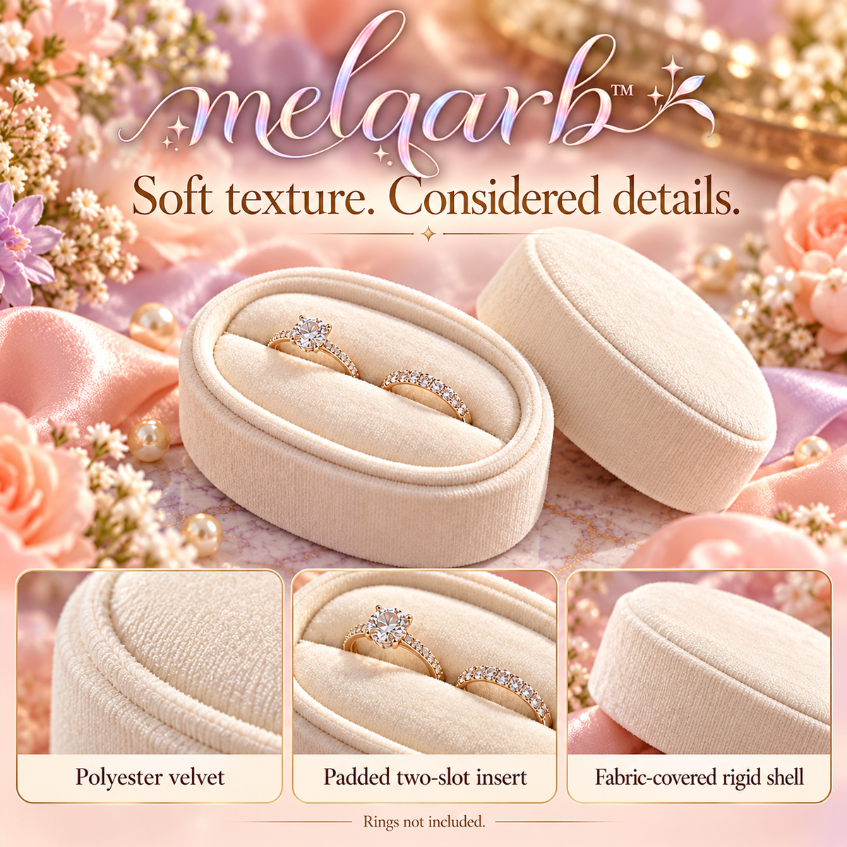 melqarb™ OvalNest Velvet Wedding Ring Box, Double-Slot Ring Holder, Removable Lid, Ceremony & Detail Photo Keepsake