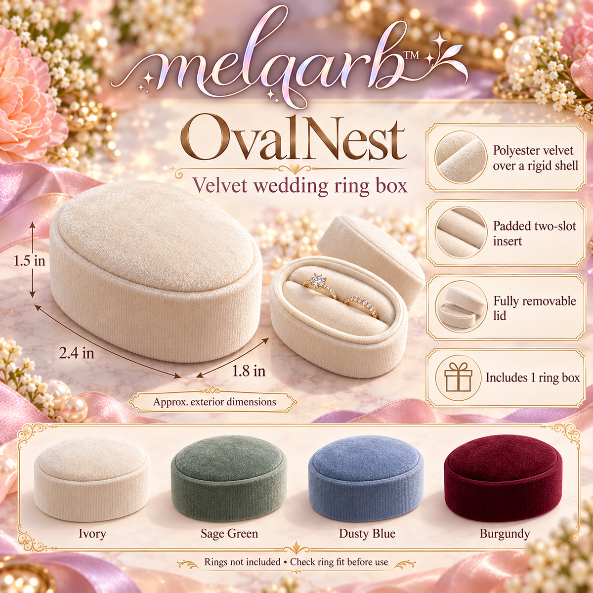 melqarb™ OvalNest Velvet Wedding Ring Box, Double-Slot Ring Holder, Removable Lid, Ceremony & Detail Photo Keepsake
